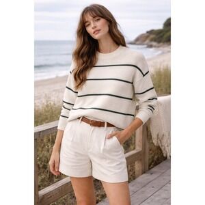 Hollister Striped Knit Sweater Women XS Cream Green Long Sleeve Pullover Preppy